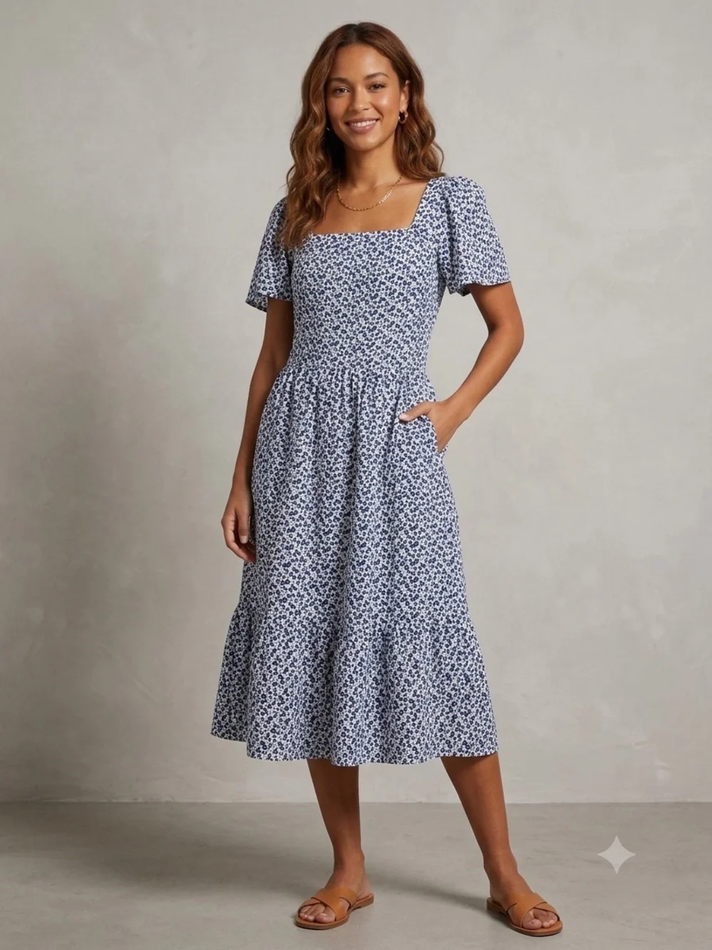 Monteau Navy and White Floral Smocked Square-Neck Midi Dress, Women’s Size Large